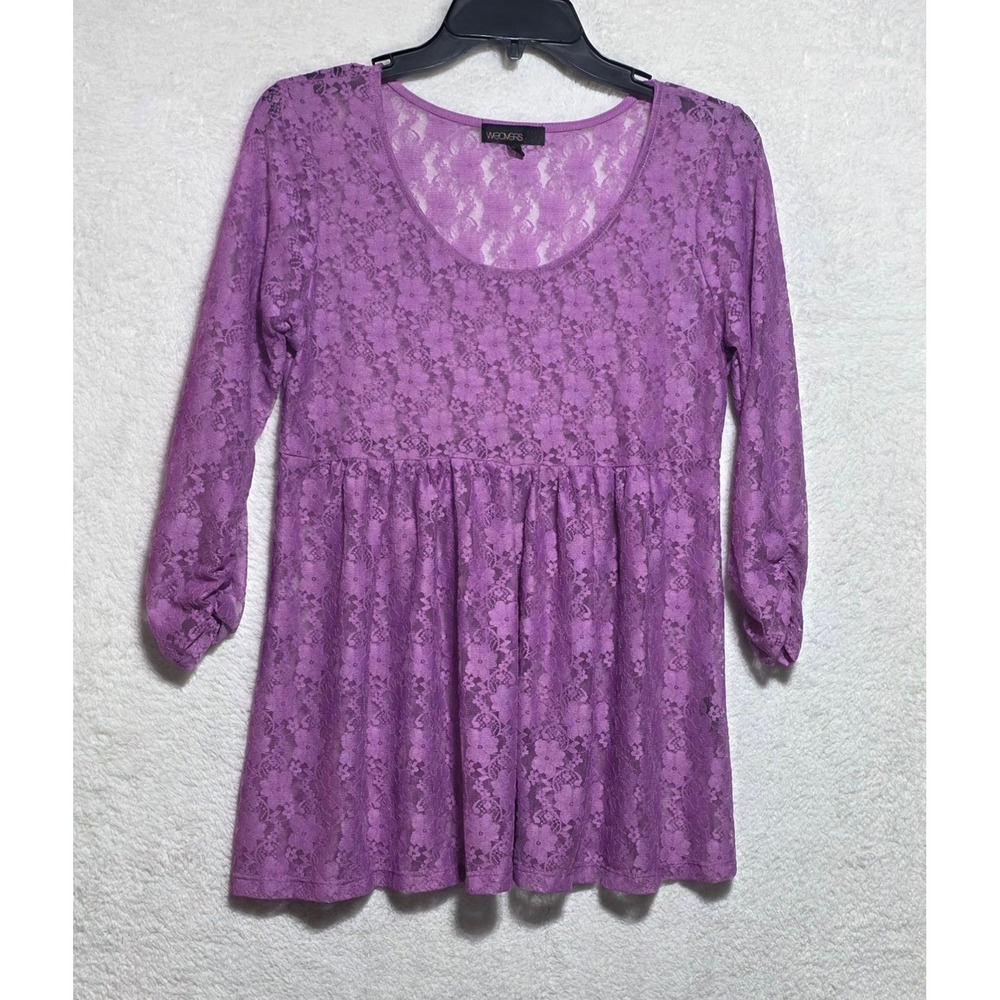 Weavers Purple Floral Lace Empire Waist Babydoll Tunic Top 3/4 Sleeve Size M